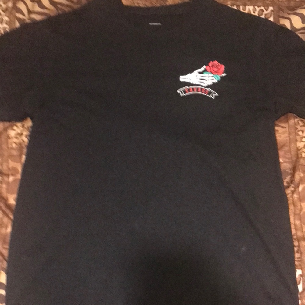 Black T-Shirt with Rose Embroidery